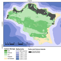 A map showing the relative carbon storage potential of shallow marine-coastal habitats of the Turks and Caicos Islands, including high, moderate, low, negligible, potential and potential not assessed.