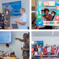 A grid of four photos showing a workshop of people presenting maps and a group photo. 