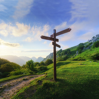 A colour photograph of a wooden signpost with three arrows pointing in different directions, with grass, rocky hills and blue sky in the background (copyright Mimadeo/iStock)